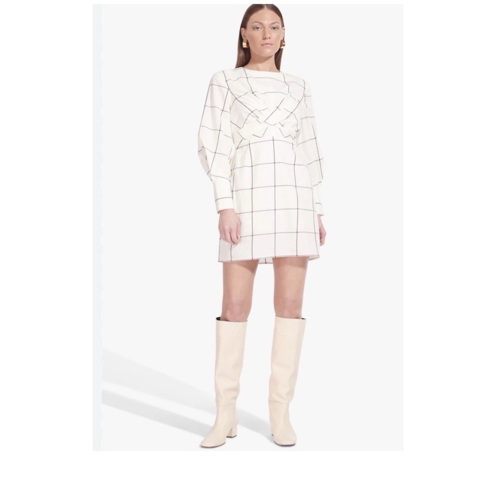 Staud Plaid Open Back Crosshill Mini Dress Long Sleeve Crème And Black Size S